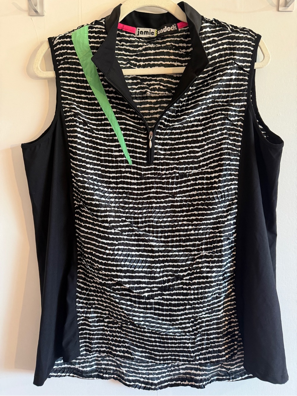 Jamie Sadock Golf Top L Black White Pleated Zip Sleeveless Sport Tunic